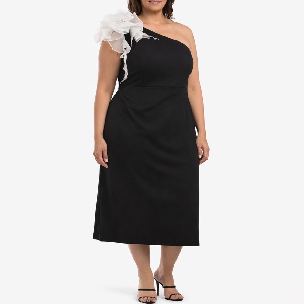 Marina Black White One Shoulder Ruffle Cocktail Dress 2X NWT